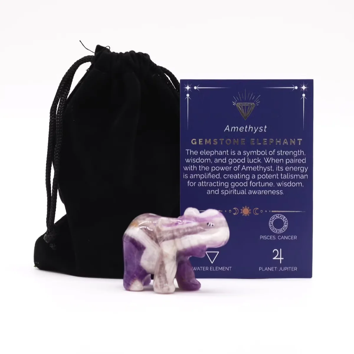 Purple amethyst decorative elephant ornament with smooth polished gemstone surface and carved details on a white background