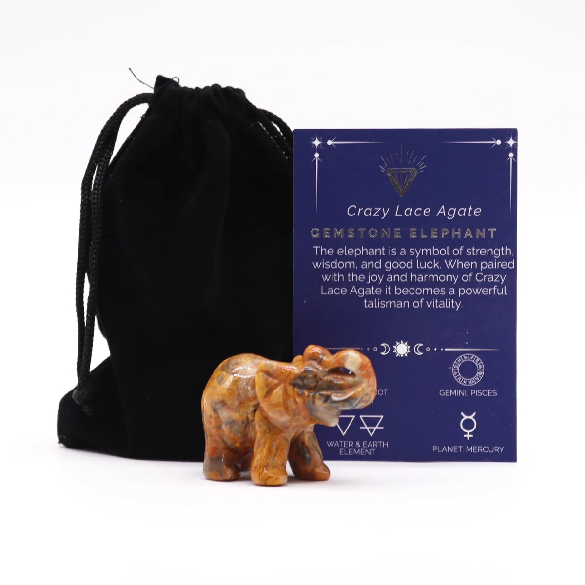 Crazy Lace Agate gemstone elephant decor with intricate natural patterns and polished finish, positioned on a white background