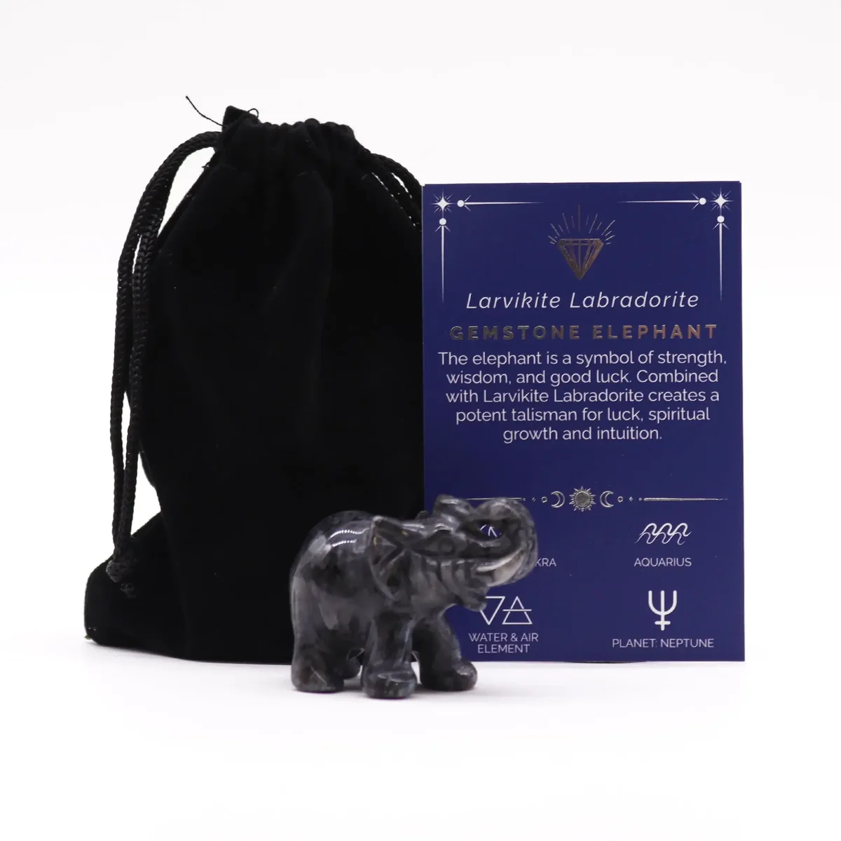 Small larvikite gemstone elephant figurine with labradorite detailing on a white background