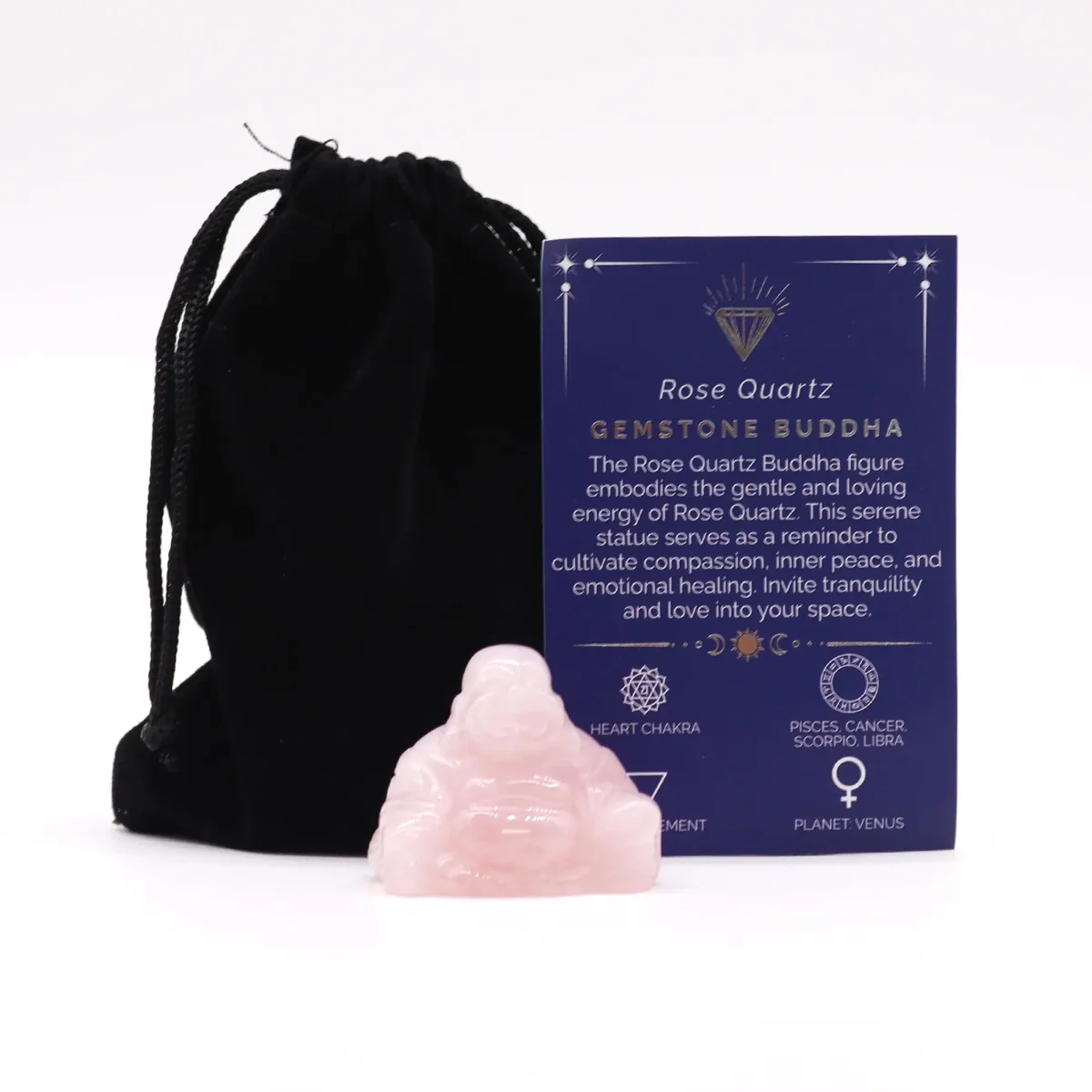 Small Buddha figurine carved from pink rose quartz gemstone, polished with smooth rounded features on white background
