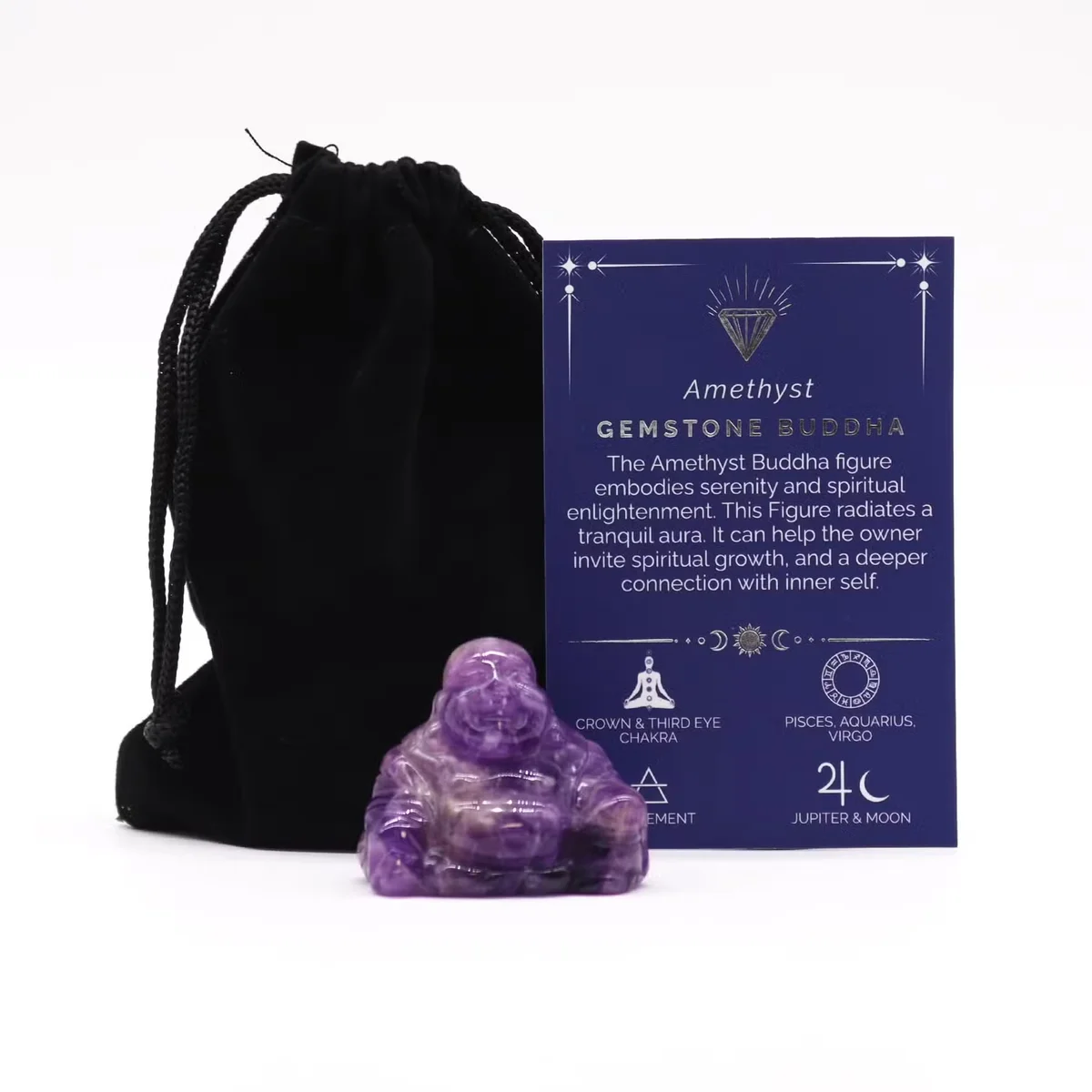 Small Buddha figurine carved from purple amethyst, ideal for amethyst home decor accents and spiritual spaces