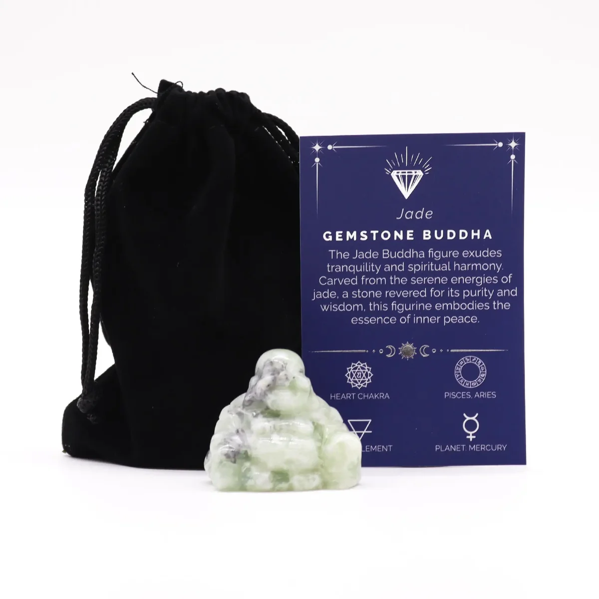 Small Buddha figurine carved from green jade gemstone, smooth polished finish, compact decorative statue