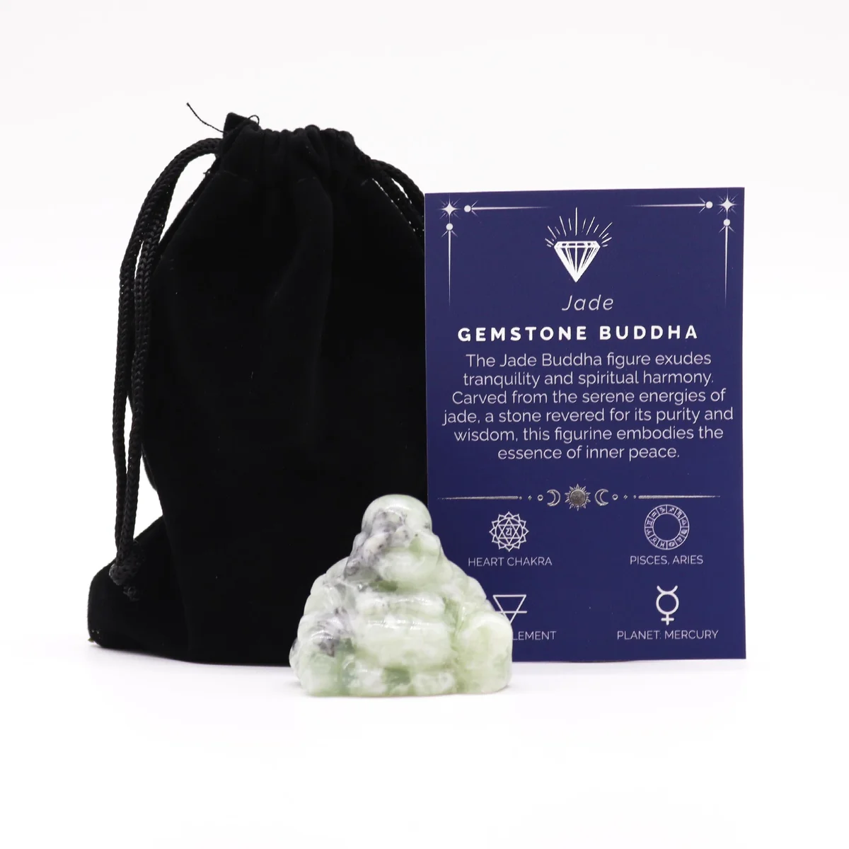 Small Buddha statue carved from green jade gemstone decor, polished surface with serene facial expression, compact size.