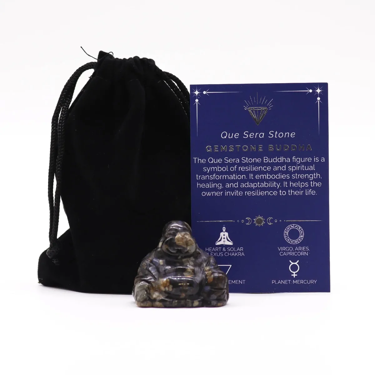 Small Buddha ornament carved from Que Sera gemstone, polished with smooth surface and detailed features.
