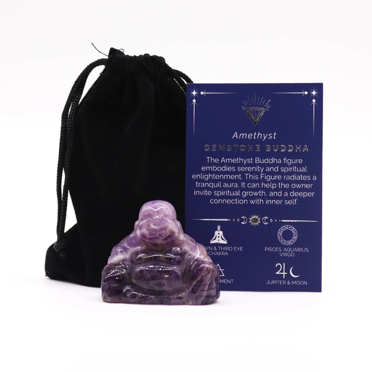Large amethyst Buddha figurine in a serene posture, glimmering purple stone.