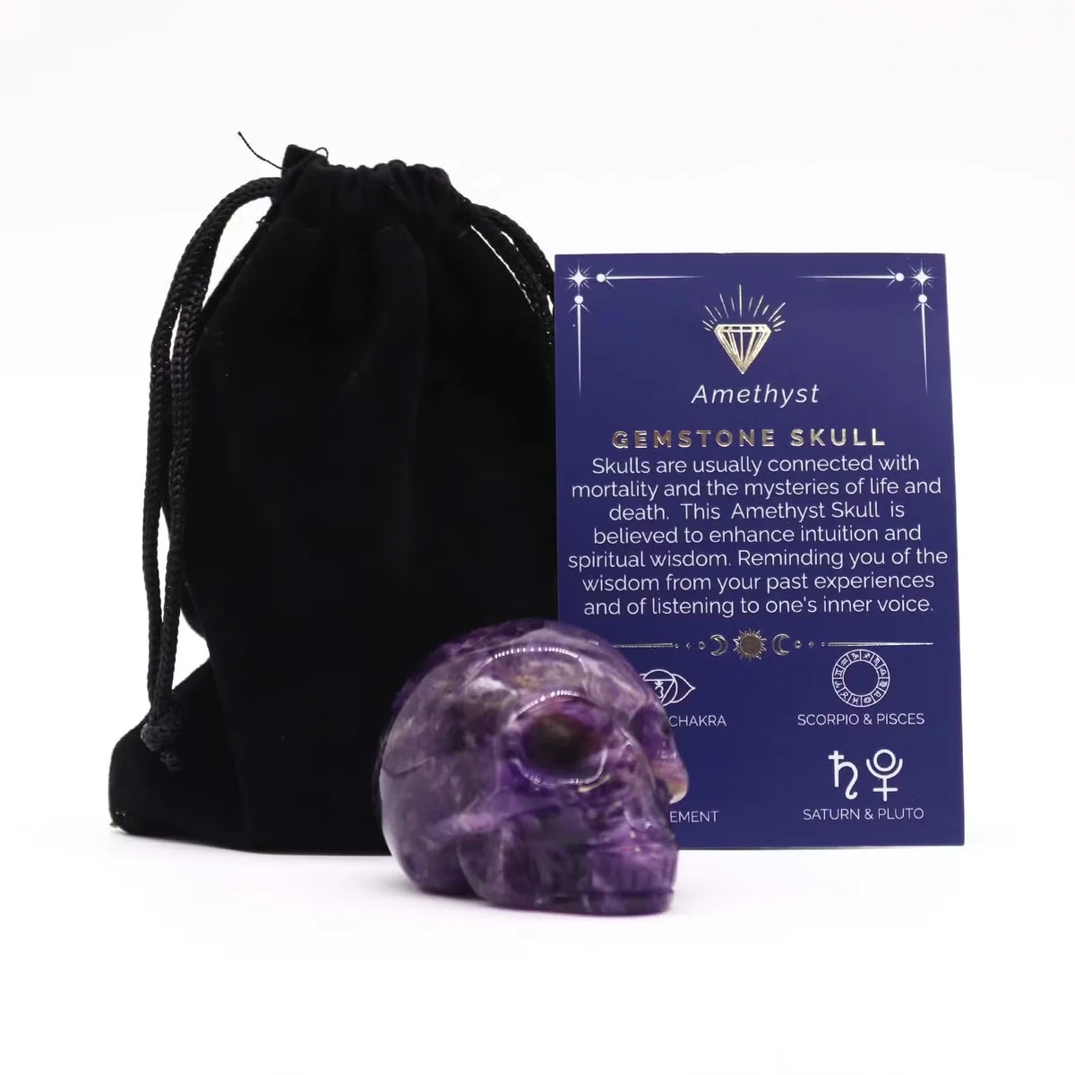 Large amethyst gemstone decorative skull figurine with smooth polished surface and purple hues on white background