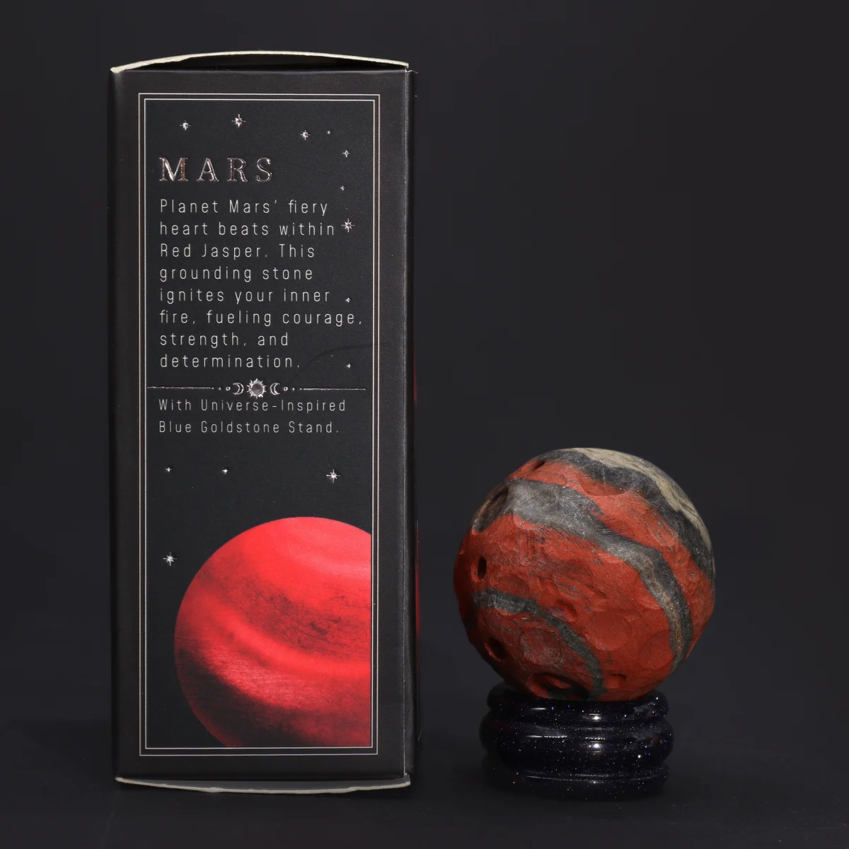 Red jasper planet Mars on a sola goldstone stand.