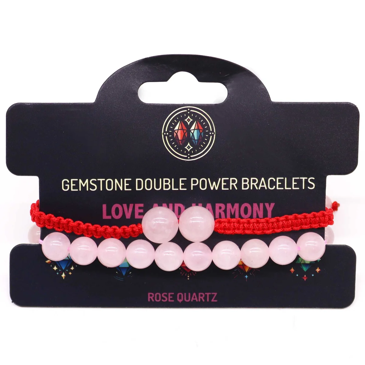 Rose quartz bracelets with double power design, two linked round stones on a fine metal band.