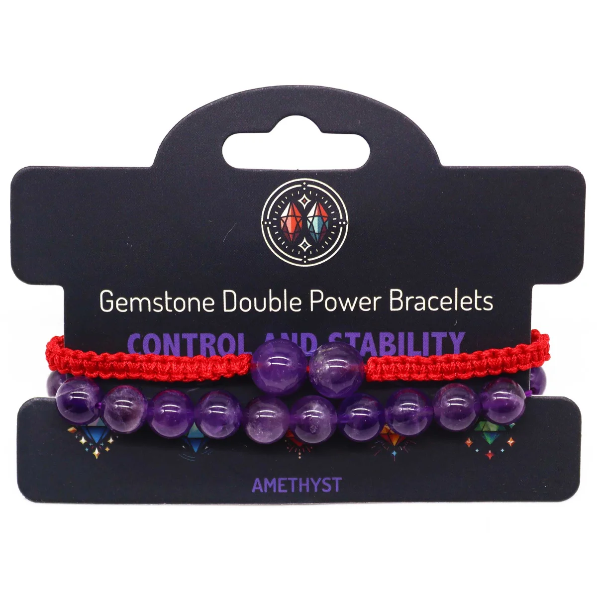 Double power bracelets featuring amethyst beads, showcased as stylish amethyst jewellery uk