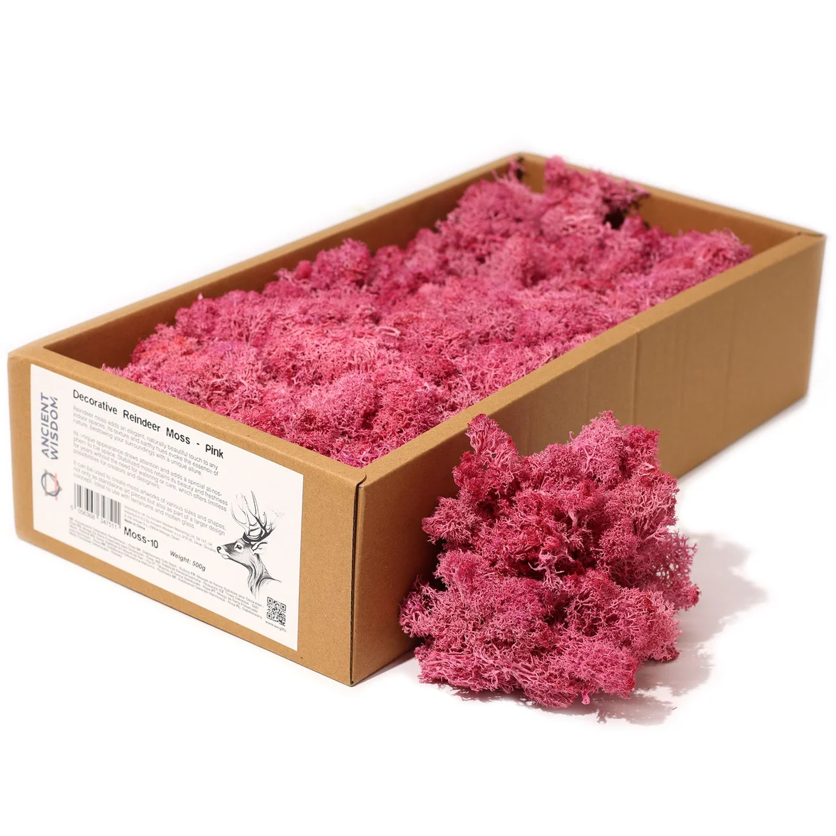 Box of pink reindeer moss, soft fuzzy greenish‑pink strands, labelled with approximate 500gm weight.