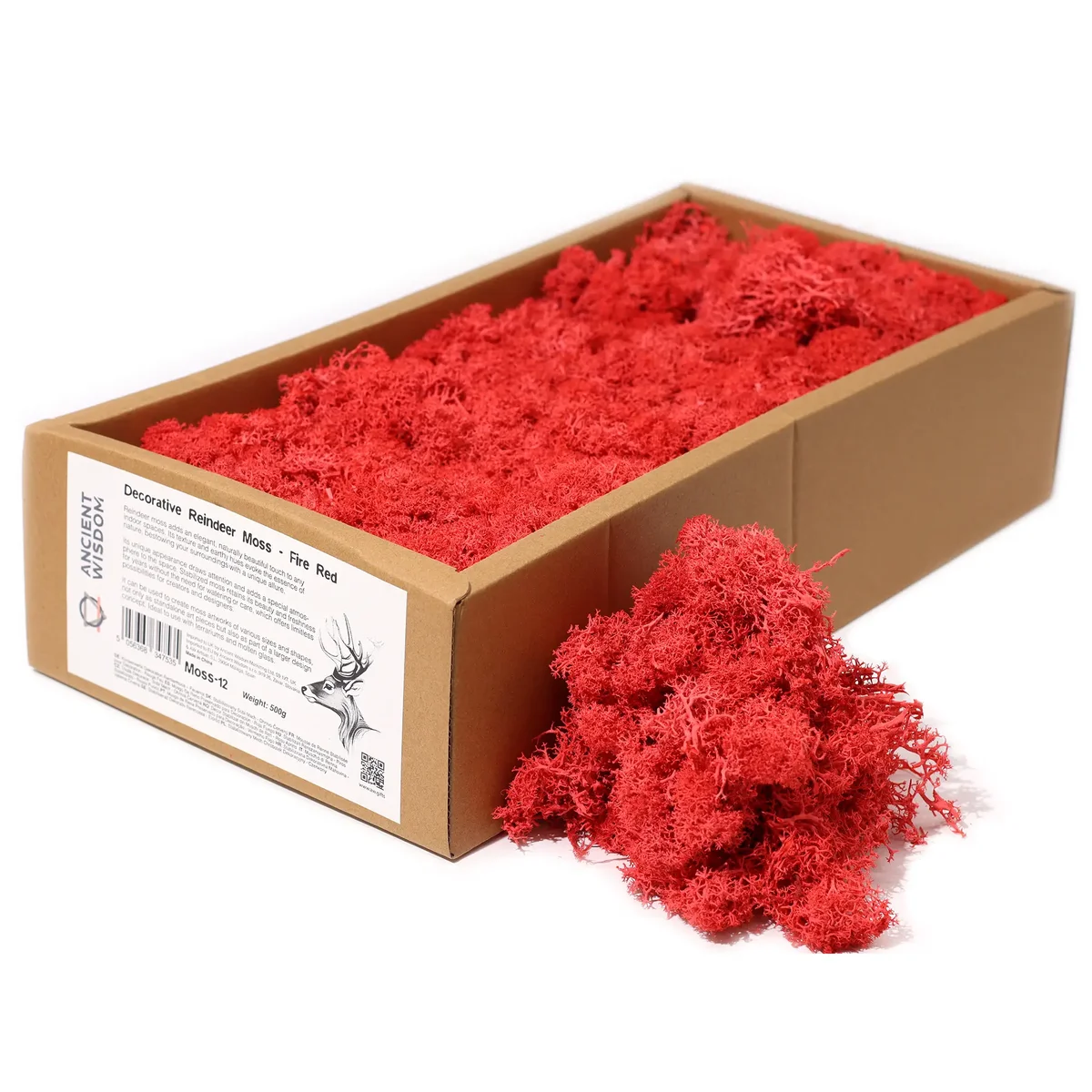 Decorative reindeer moss in vibrant fire red color, approximately 500gm, used for decoration purposes