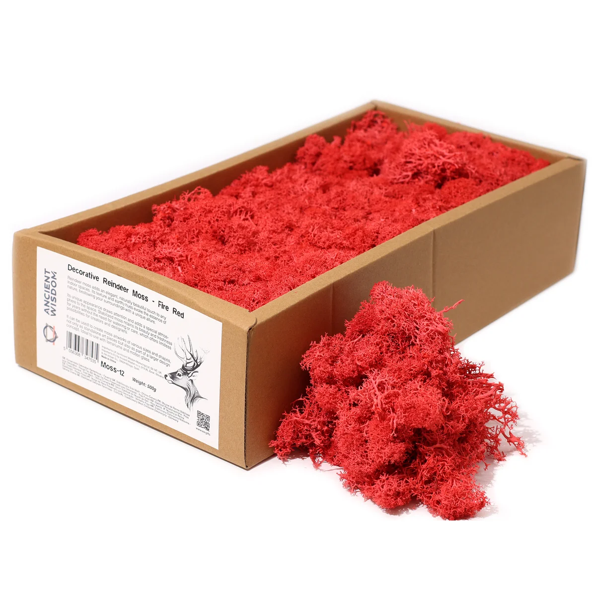 Bright fire red reindeer moss for Christmas moss decoration, approximately 500gm, shown on a white background