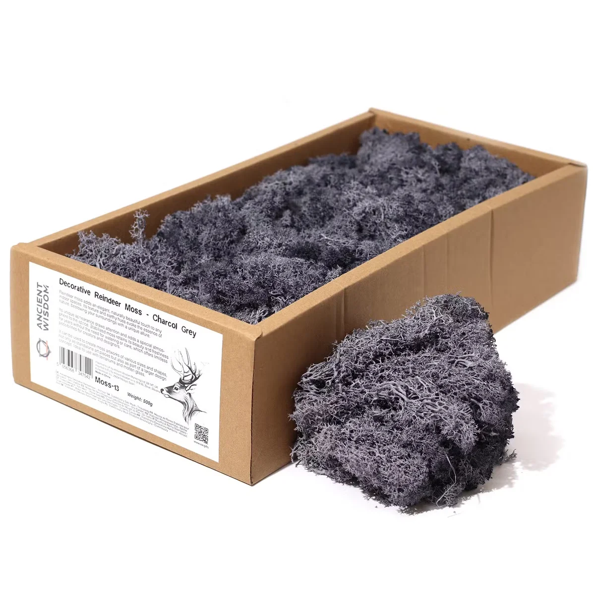 Charcoal grey holiday reindeer moss decoration weighing approximately 500gm shown in natural texture and detail