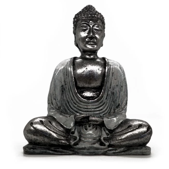 Medium white grey buddha ornament with detailed features in white and grey tones on a plain background