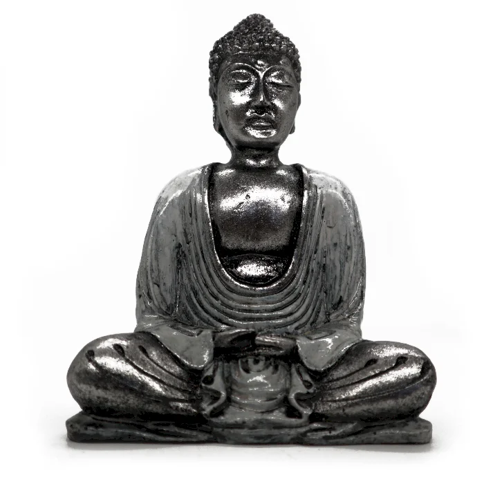 Medium white and grey decorative Buddha statue with serene expression and detailed features on a plain background
