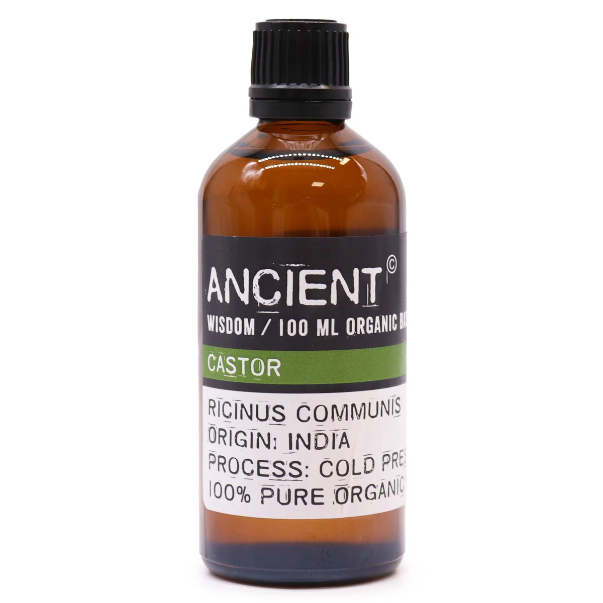 Clear 100ml bottle of organic castor oil UK with natural golden liquid on white background