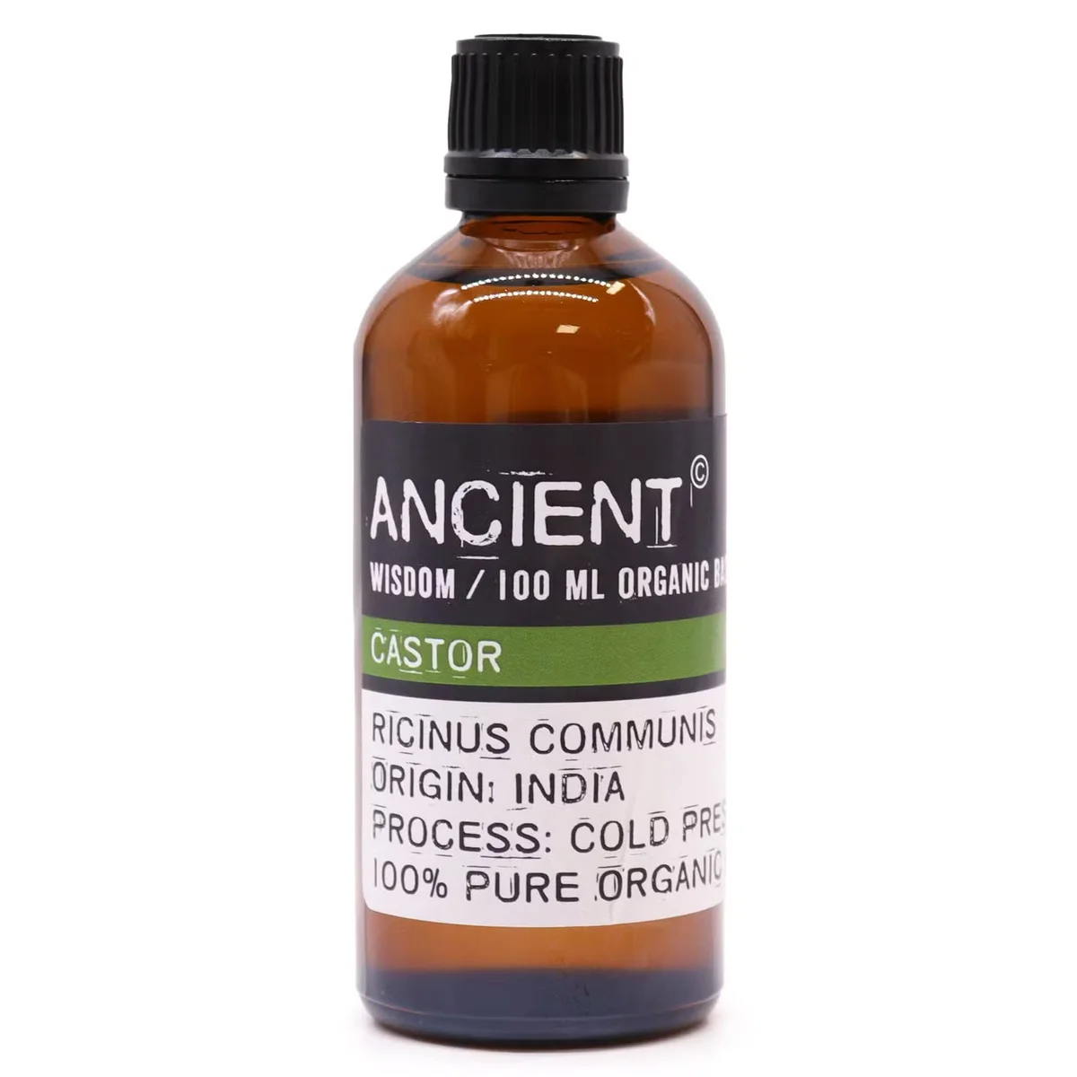 Clear 100ml bottle of natural castor oil with organic label on plain white background