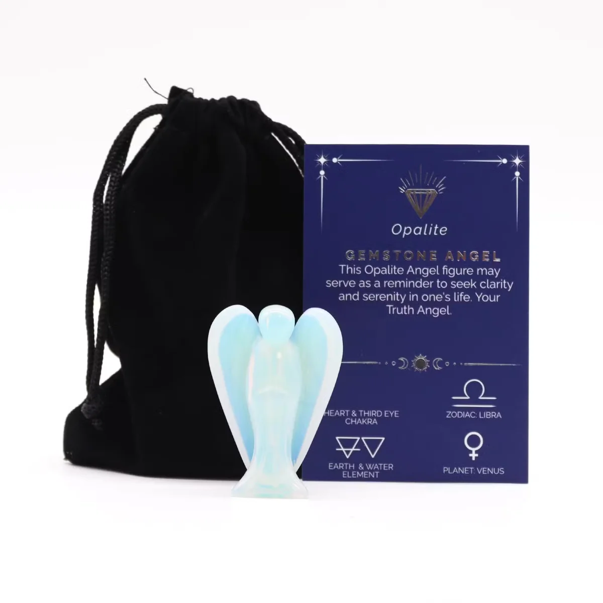 Hand carved crystal angel made from smooth opalite gemstone, showing detailed wings and serene facial features