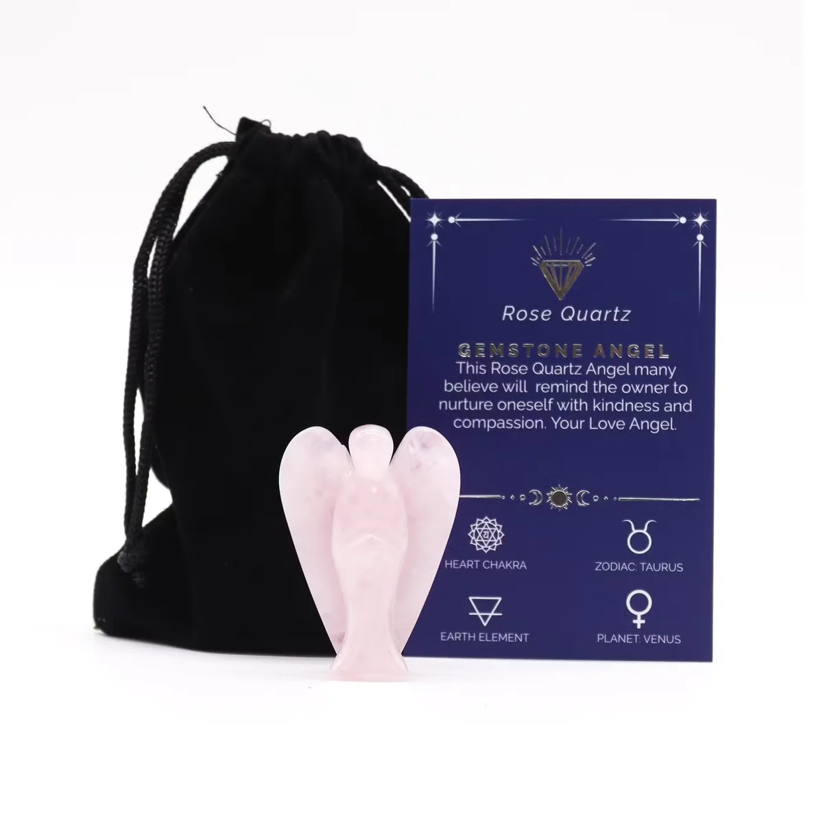 Rose quartz crystal angel ornament with smooth pink gemstone wings and body on a white background