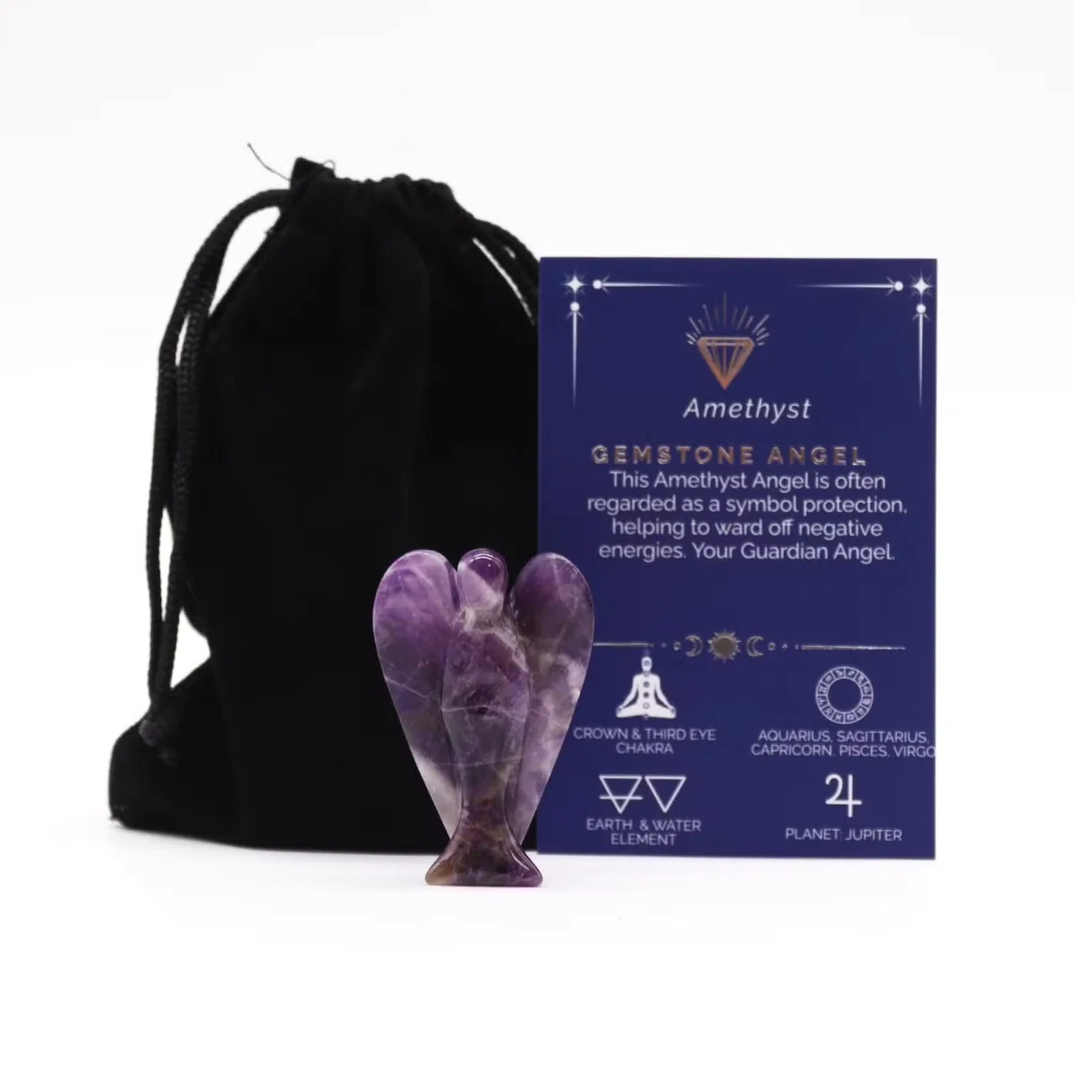 Hand carved amethyst angel decorative gemstone ornament with detailed wings and smooth polished finish on white background