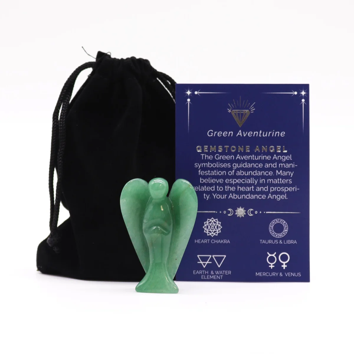 Green aventurine angel gemstone figurine with smooth polished surface and detailed wings on white background