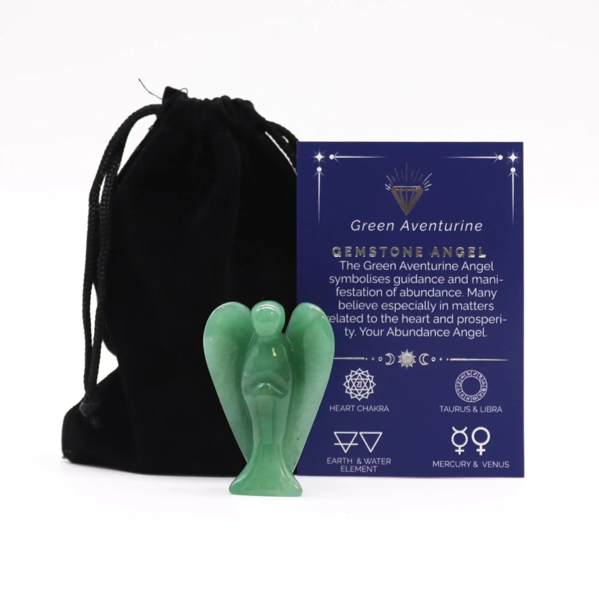 Green aventurine gemstone angel figurine with smooth polished surface and detailed wings on white background