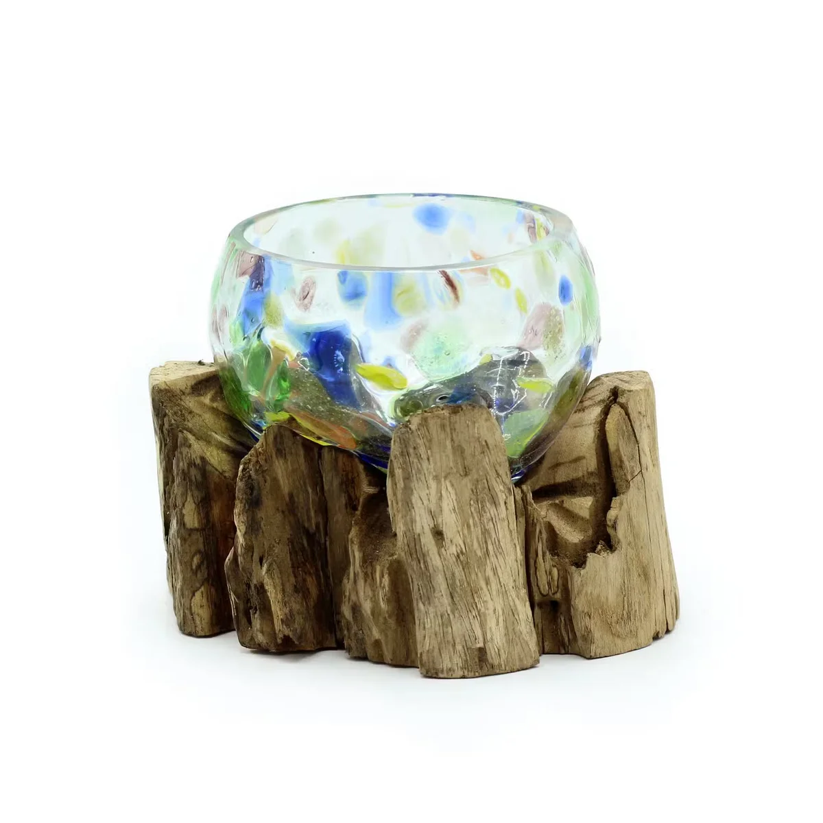 Small molten glass bowl with vibrant colours resting on a wooden base, showcasing molten glass bowl artistry
