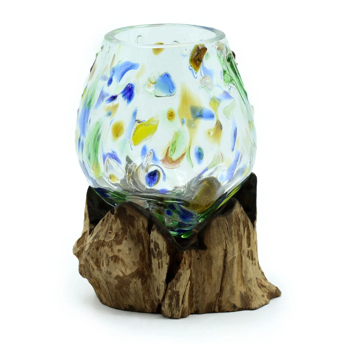 Medium coloured glass bowl with molten design resting on wooden base