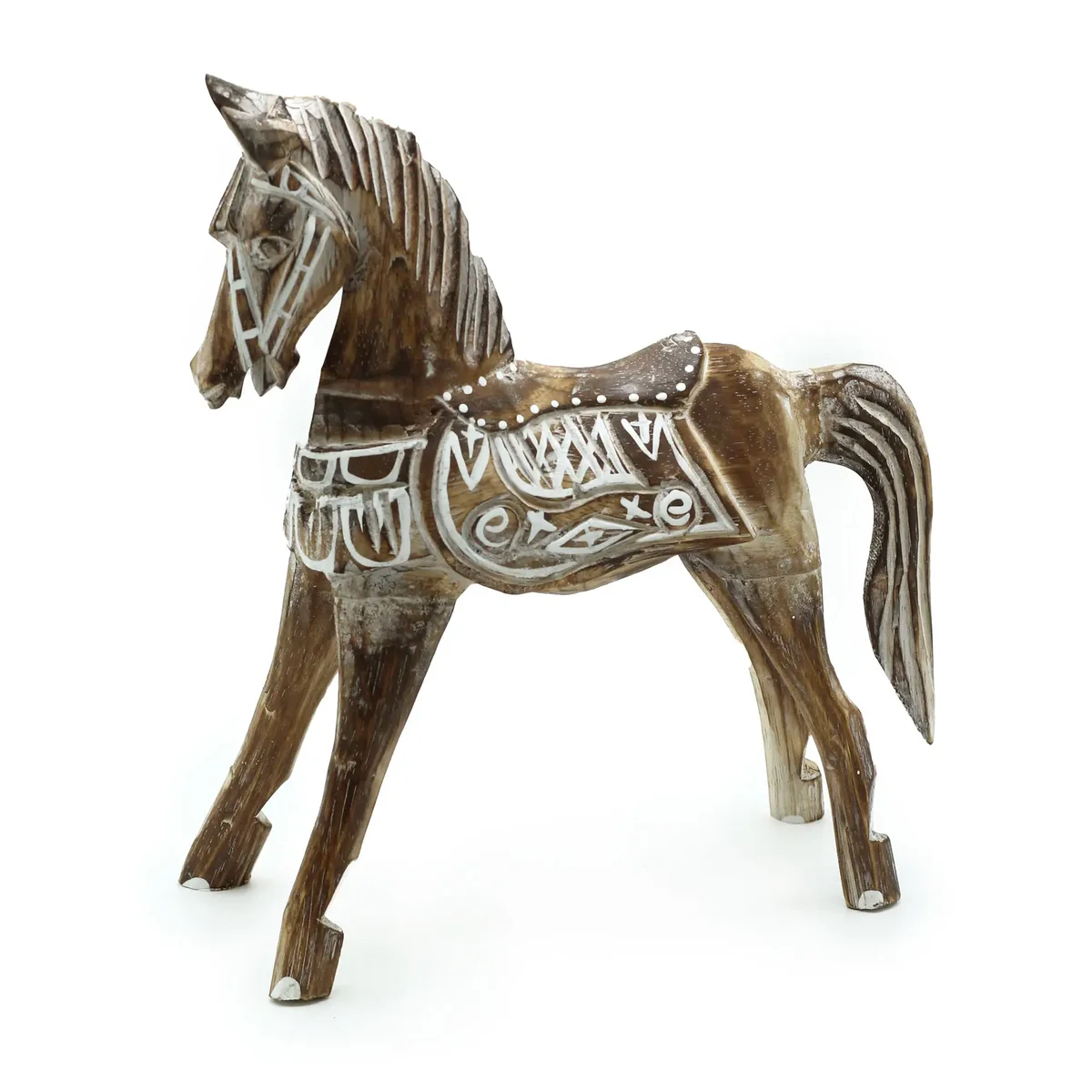 Large antique horse figurine standing 32 cm tall with detailed vintage design and weathered finish on display