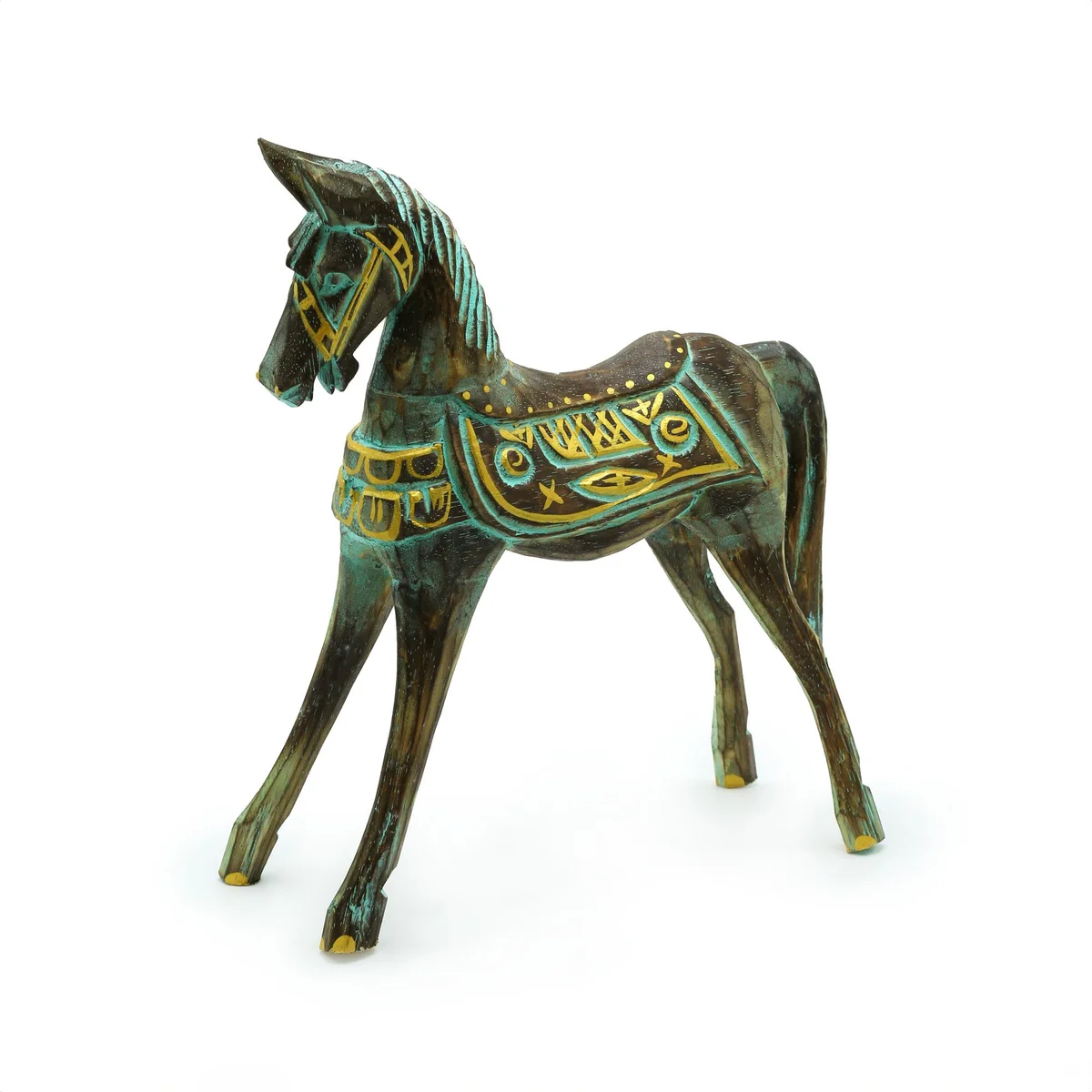 Medium 25 cm gold turquoise horse ornament with detailed design on white background