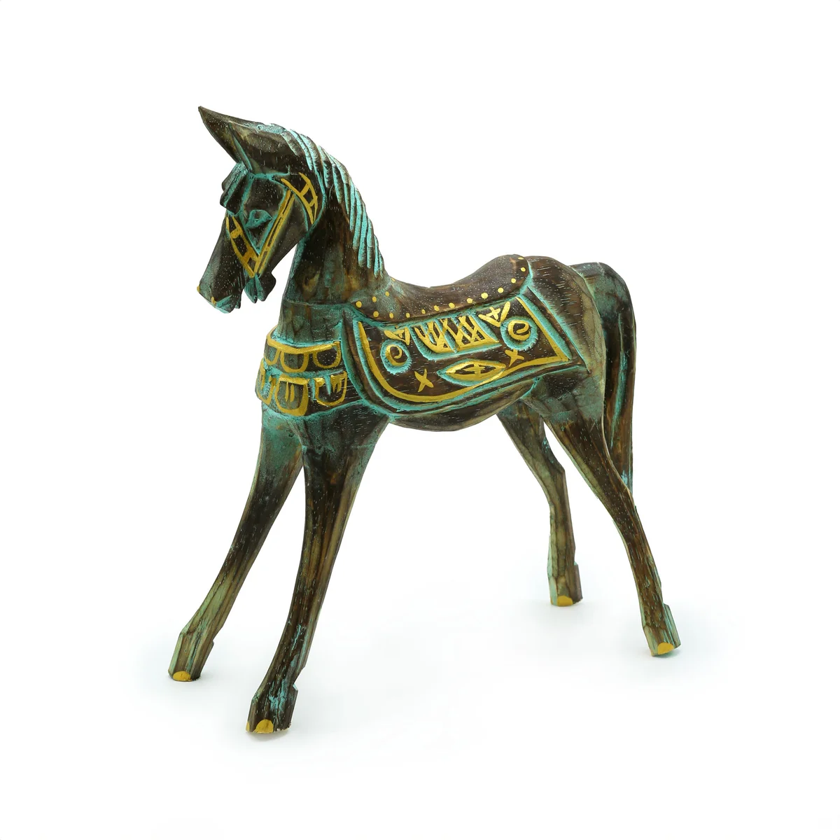 Medium gold and turquoise horse figurine 25 cm tall, decorative sculpture for gold and turquoise decor settings