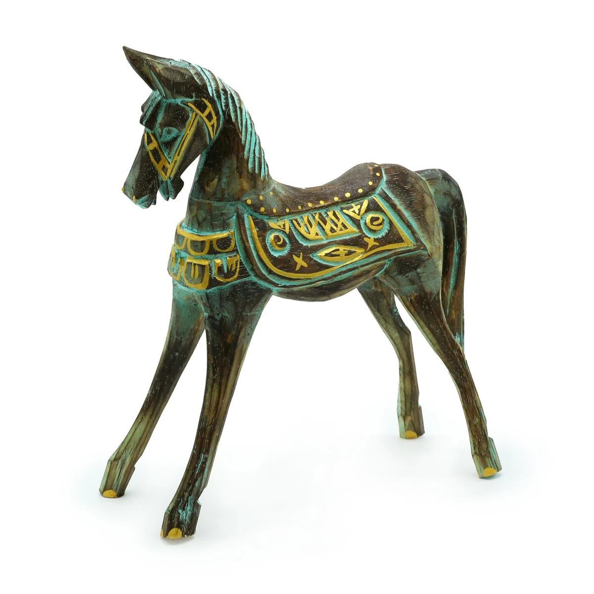 Large gold turquoise horse figurine measuring 32 cm with detailed gold and turquoise finish