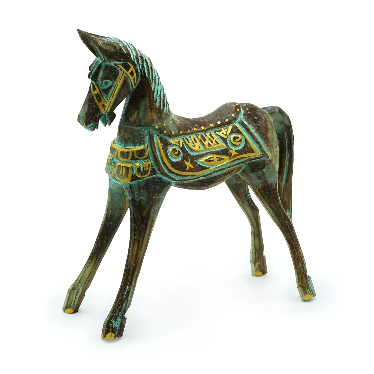 Large gold horse figurine with turquoise accents, standing 32 cm tall on a white background