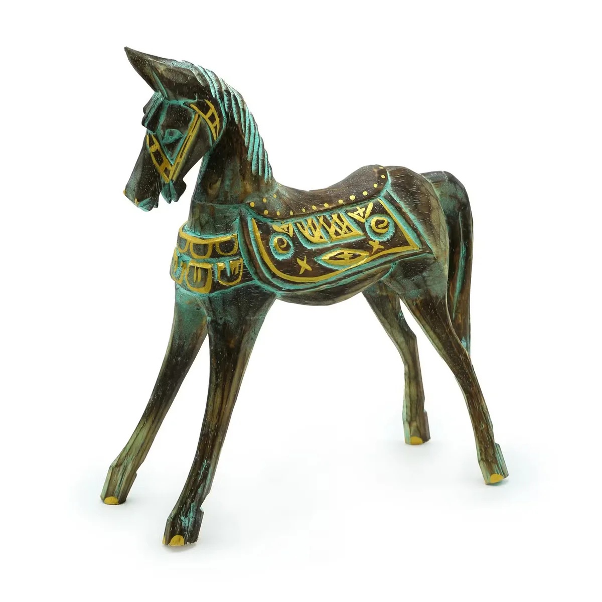 Large gold and turquoise decorative horse statue measuring 32 cm, showcasing detailed design and vibrant colors