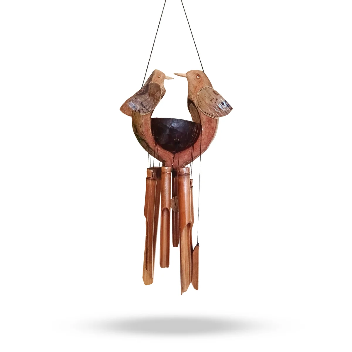 Natural finish bamboo husband and wife windchime hanging outdoors with wooden tubes and decorative details