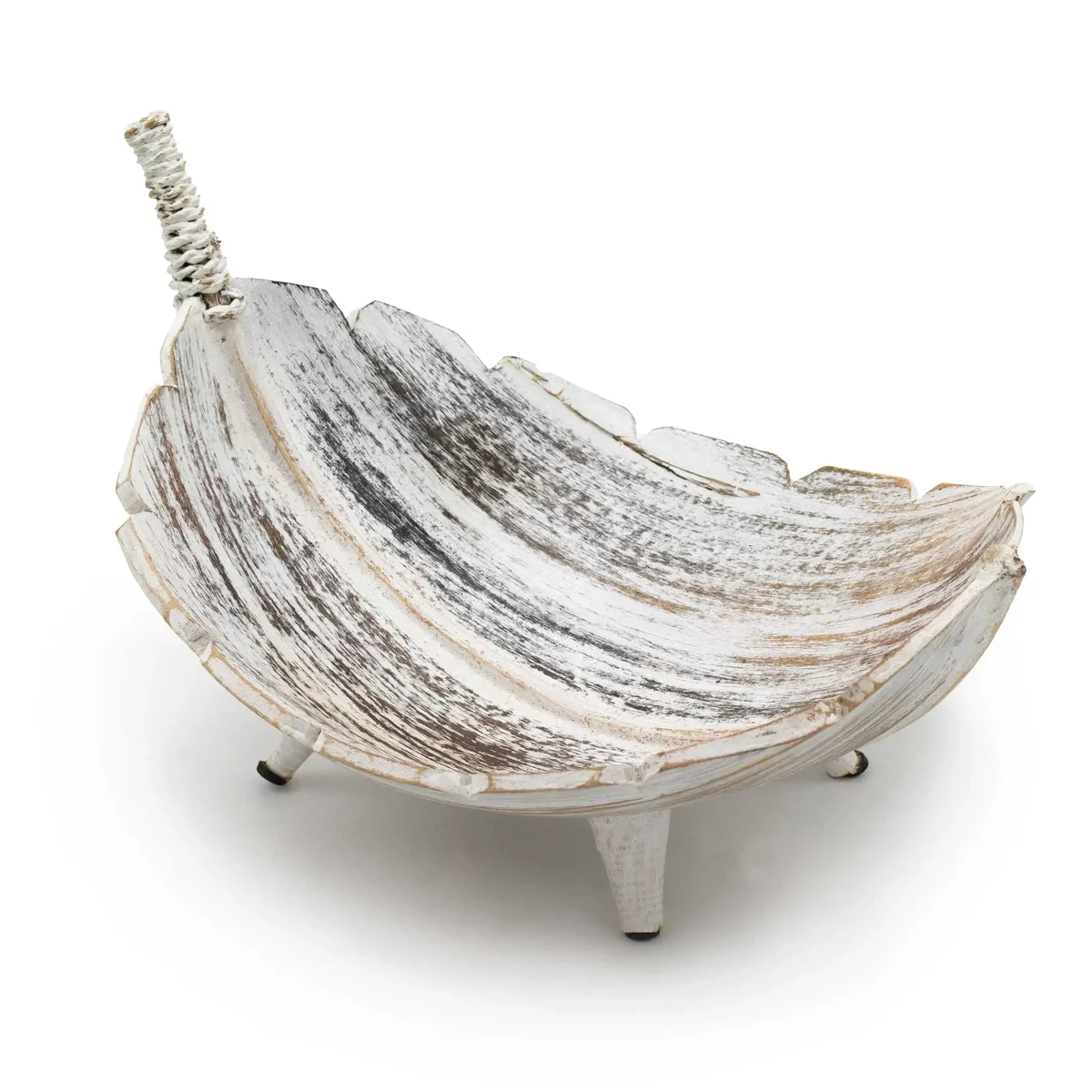 Whitewashed large coconut leaf bowl designed for holding fruit, featuring natural textured leaf pattern