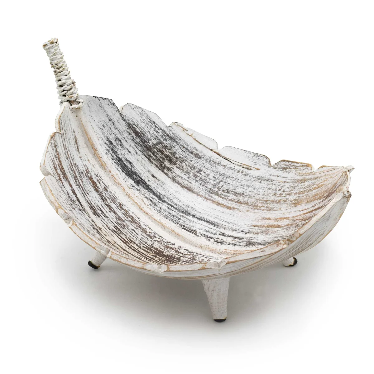 Whitewash fruit bowl with large coconut leaf design, empty and displayed on a plain background