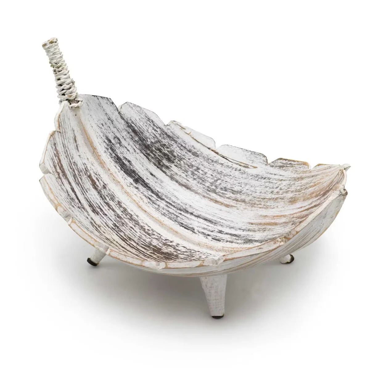 Whitewashed coconut leaf large decorative fruit bowl with textured natural design on white background