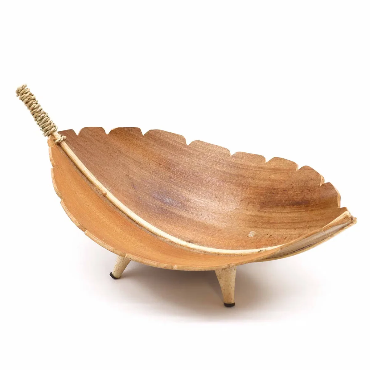Large natural coconut leaf fruit bowl shown empty on white background, eco friendly bowl with textured finish
