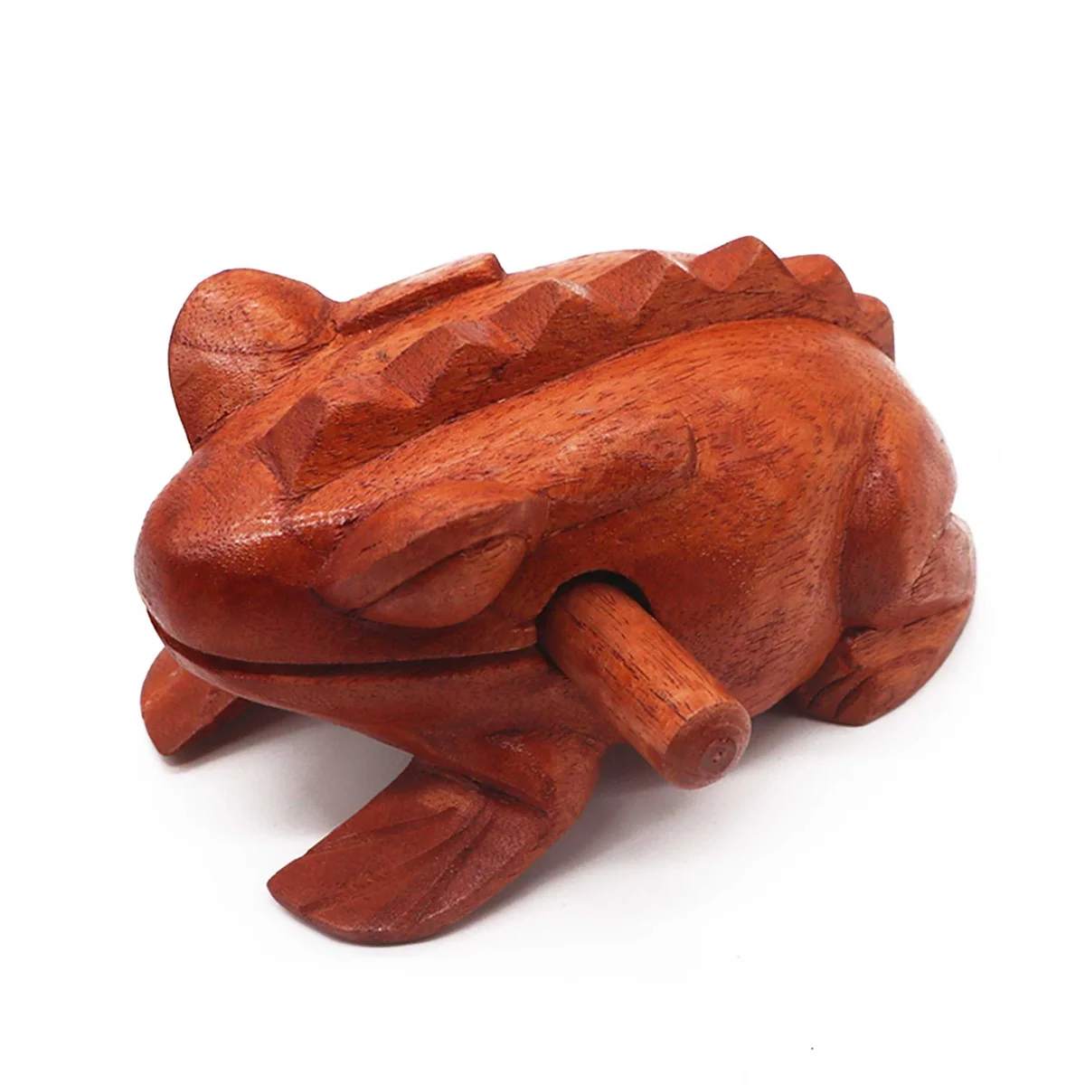 Large wooden frog with a textured surface designed to croak when played, shown against a plain background