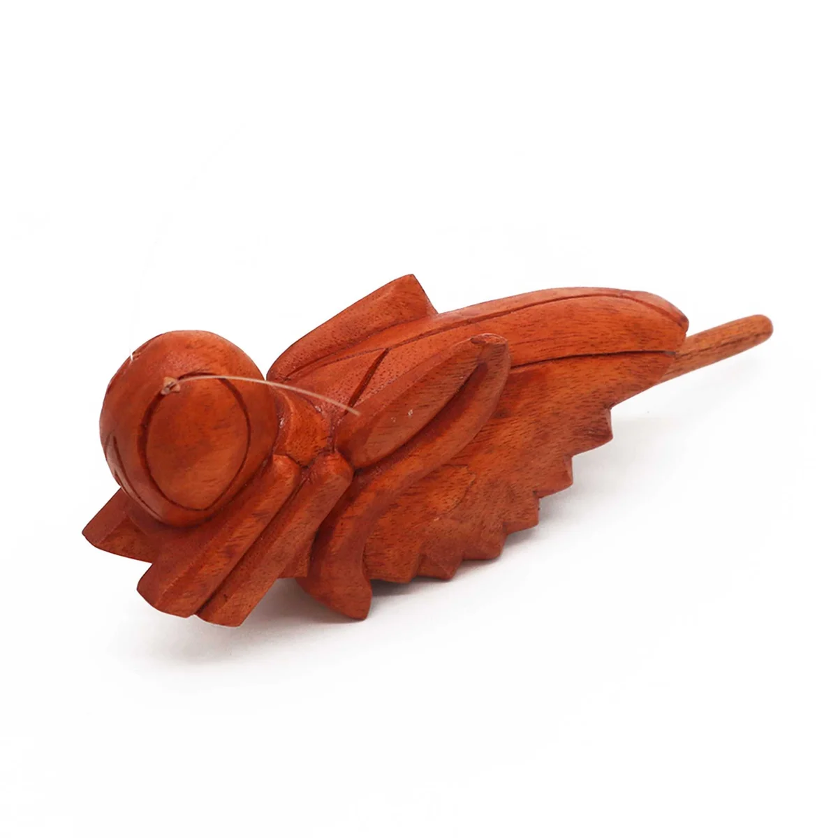 Churping wooden grasshopper ornament made from natural wood with detailed carving and painted accents