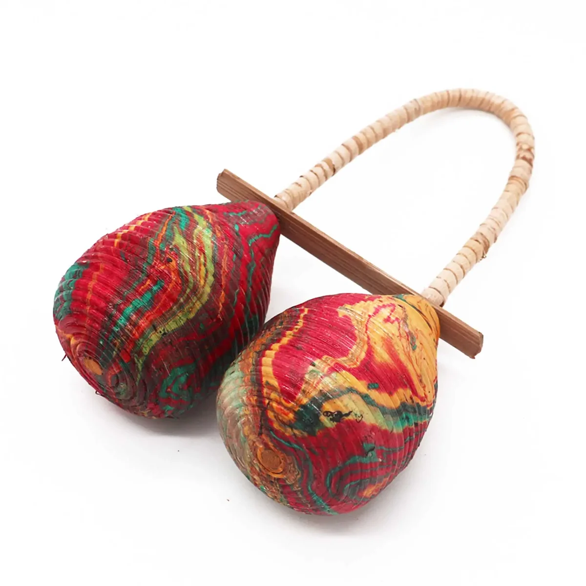 Double loop maracas rattle with two connected loops and textured shaking beads for musical play and rhythm practice