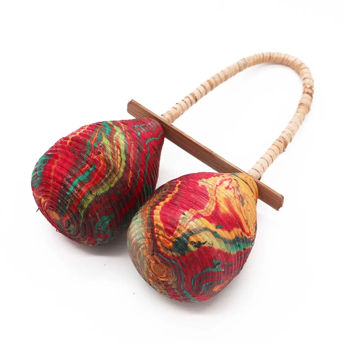 Double loop handheld maracas rattle with wooden handles and colorful beads inside for rhythmic sound play