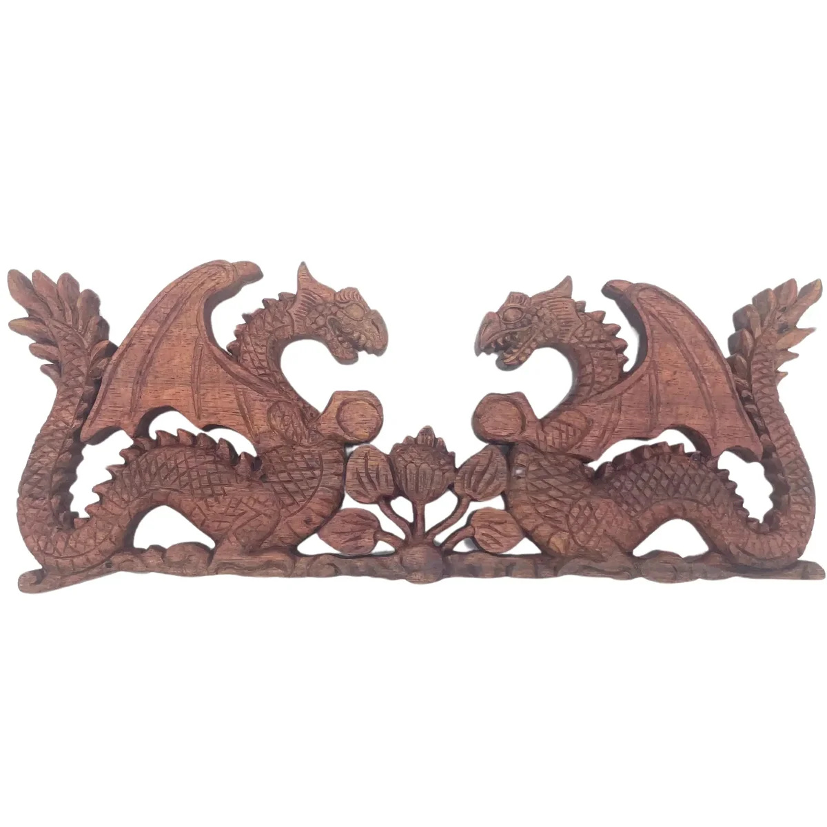 Two facing dragons intricately detailed on a 40x15cm dragon carving plaque with textured background