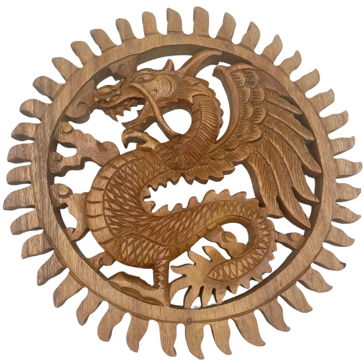 Winged sun dragon plaque carving in brown wood, detailed sun dragon decor for wall display, 30cm size