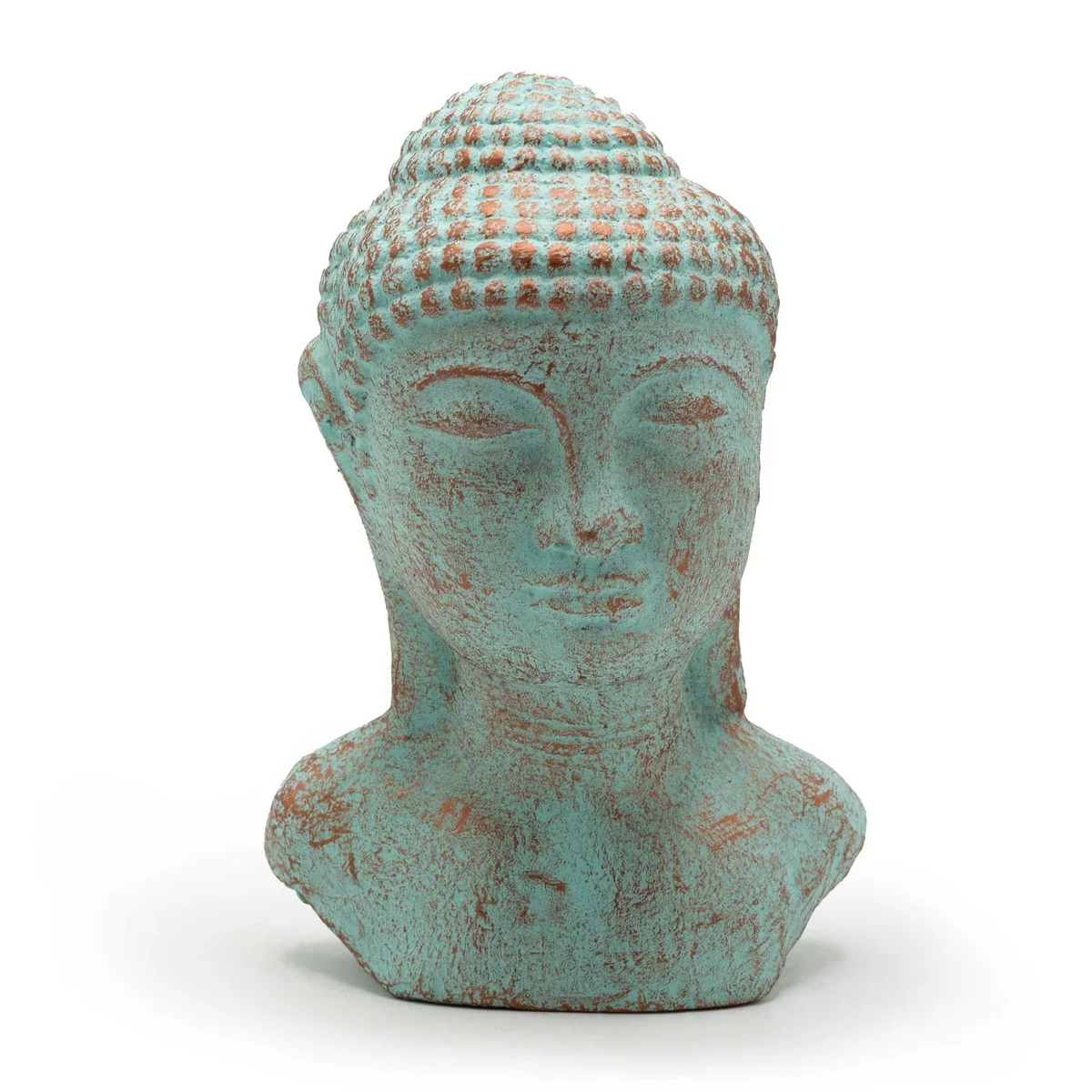 Green copper tranquility Buddha head sculpture with serene facial expression and detailed features on a white background