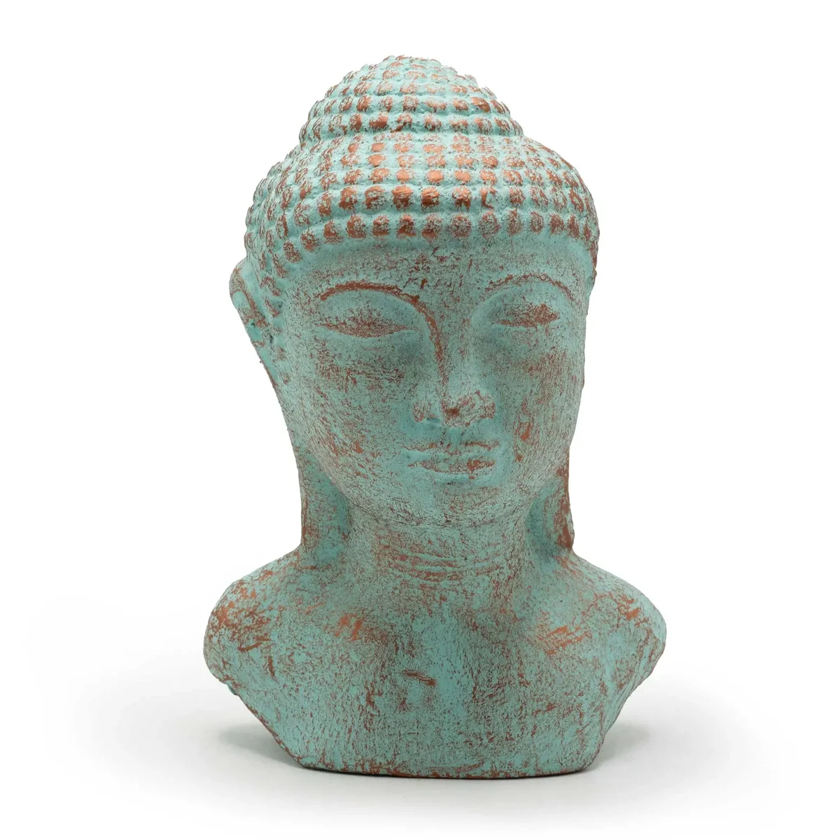 Green copper Buddha head sculpture with serene expression and detailed features on a plain background