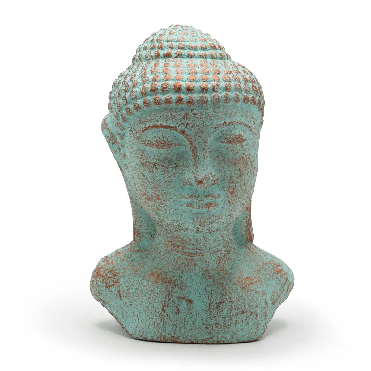 Green copper Buddha head ornament with serene expression, detailed features, and tranquil design on plain background
