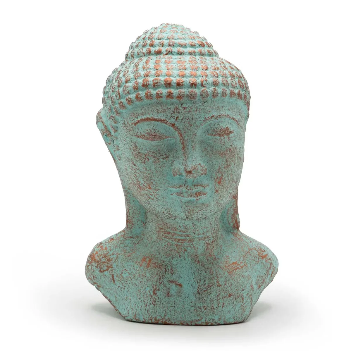 Green copper decorative Buddha figurine head with a serene expression and detailed texture on a plain background