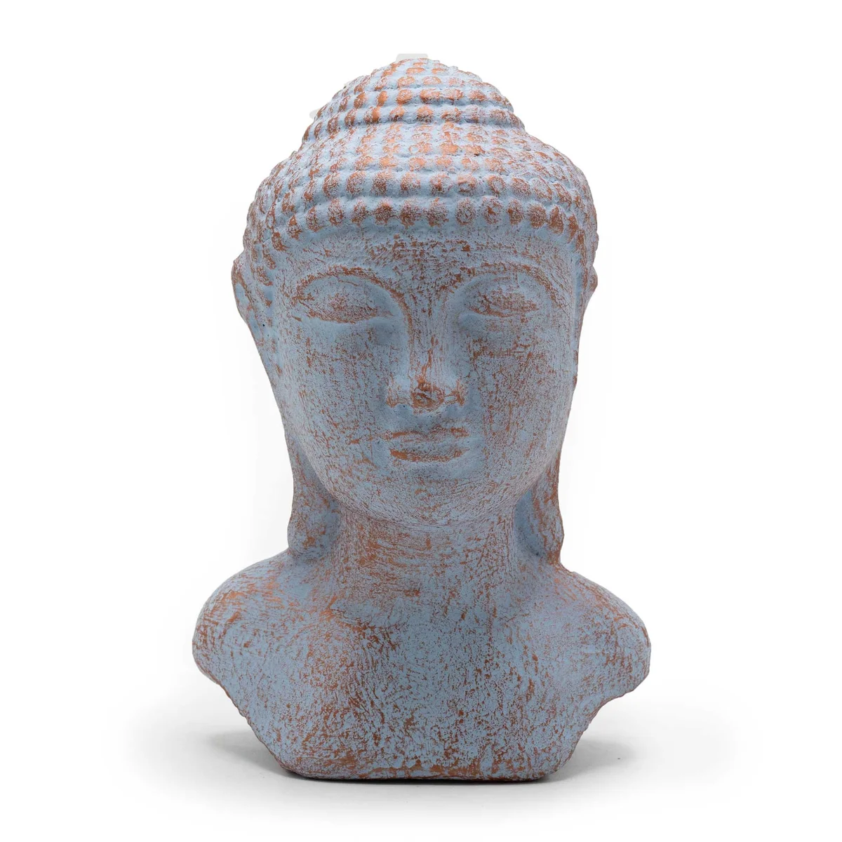 Blue copper tranquility Buddha statue head with calm facial expression and detailed texture on a white background